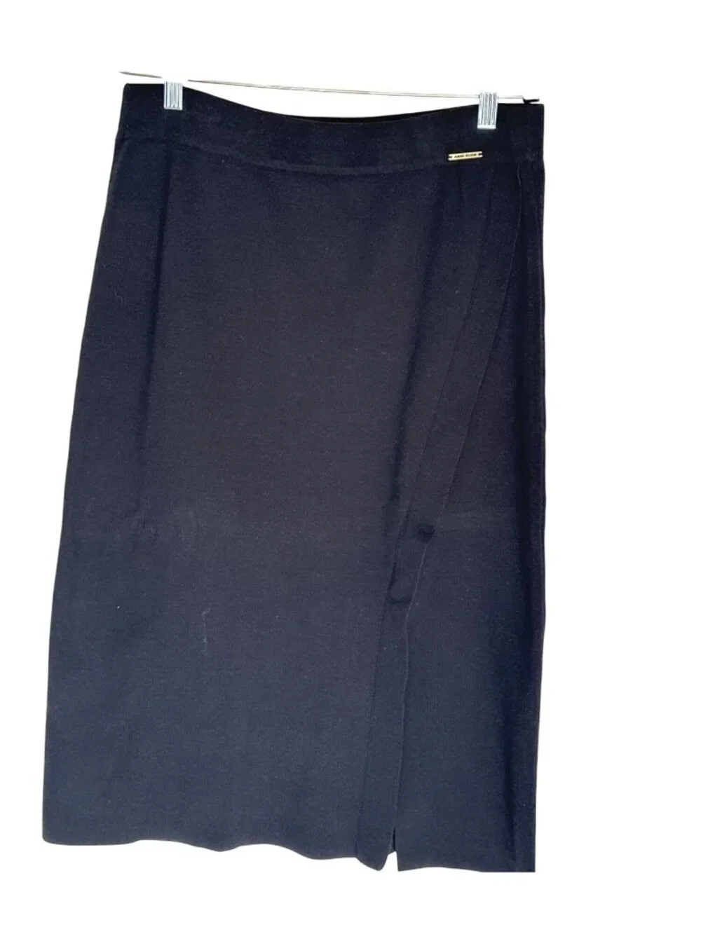 Anne Klein Size Large Stretch Knit Pull On Style Midi Skirt Slit Deep Black
